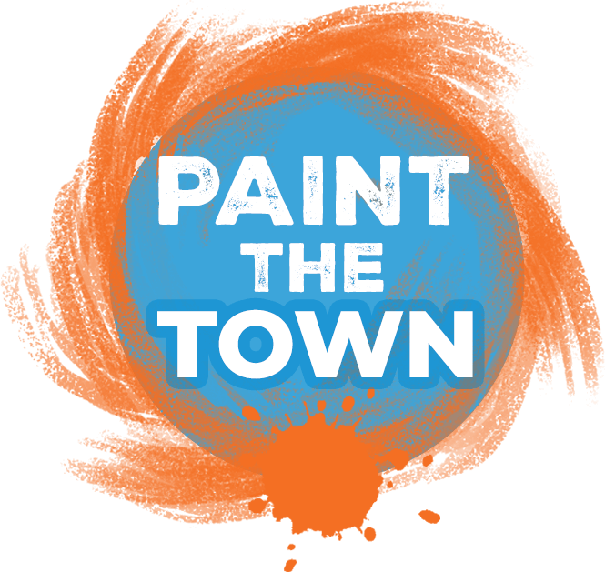 Paint the Town! Free Exterior Colour upgrade on windows! A blue circle with rough edges and an orange paint splash surrounding it, featuring the bold white text PAINT THE TOWN in the center.